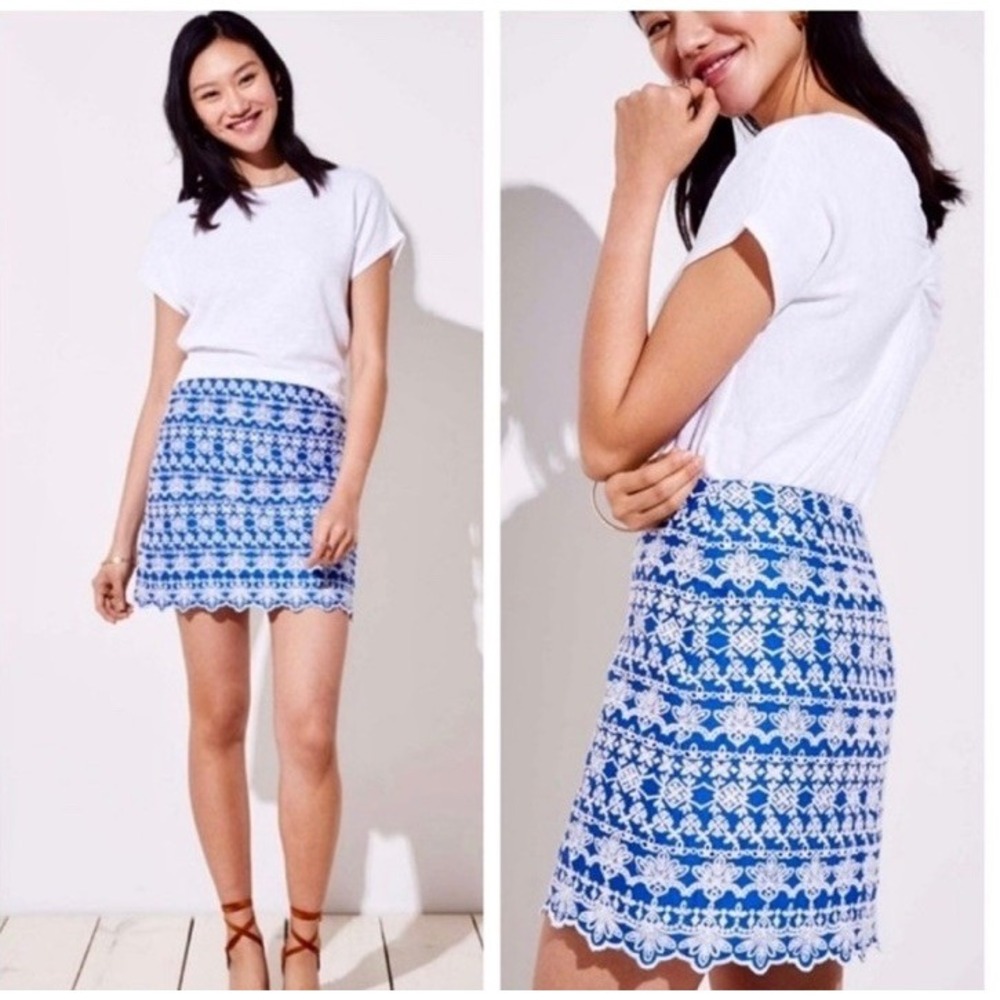 Loft Embroidered Blue And White A-Line Zip-Back Women's Skirt Size‎ 6